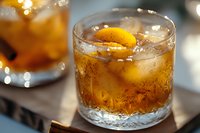 Refreshing cocktail with ice cubes and orange slice garnish in crystal glass, golden brown liquid with bubbles catching light, served on wooden surface.
