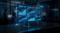 Futuristic holographic financial dashboard displaying stock market data with glowing blue charts and graphs on transparent screen for business analytics.