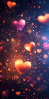 Glowing hearts float against dark starry background with orange and pink bokeh effects creating romantic atmosphere for Valentine's Day designs.