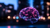 Glowing purple brain hologram with neural network connections floating against blurred city lights background at night, representing artificial intelligence.
