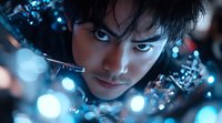 Close up portrait of young Asian man with intense blue eyes and dramatic lighting surrounded by glowing blue bokeh lights and metallic elements creating mysterious atmosphere.