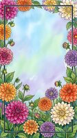 Watercolor dahlia floral frame with colorful blooms in pink, orange, purple and cream on a soft blue-green background with copy space.
