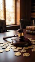 Wooden gavel surrounded by golden coins on dark desk in law office with legal books and window light for justice and financial legal concepts.