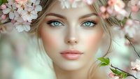Young woman with striking blue eyes and natural makeup surrounded by delicate pink cherry blossoms, soft dreamy spring portrait with blurred floral background.