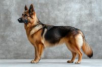 Purebred German Shepherd dog in show stance against gray background, displaying distinctive tan and black coat markings, alert expression and noble profile.
