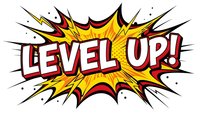 Comic book style explosion burst with Level Up text in red letters on yellow starburst background. Pop art design for gaming motivation and achievement concepts.