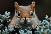 Curious red squirrel peeks through blue juniper berries, close-up portrait showing bright eyes and whiskers against dark background, wildlife photography.