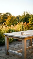 Wooden table with mug and book on outdoor patio overlooking blooming garden and trees during golden hour, perfect for lifestyle and wellness content.