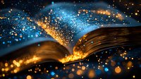 Magical open book with glowing golden and blue sparkles floating against dark background, creating ethereal light effect and mystical atmosphere.
