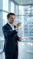 Professional businessman interacting with futuristic holographic interface in modern office environment for technology and innovation concepts.