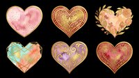 Watercolor and ornamental heart shapes in pink, gold, purple, and coral tones, isolated on transparent background. Ready for t-shirt design, clipart, stickers, sublimation, and print-on-demand projects.