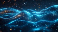 Glowing blue waves of light with floating particles create dynamic motion against dark background. Abstract design for technology and innovation concepts.