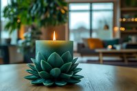 Glowing lotus-shaped candle holder with burning flame on wooden table in cozy home interior with bokeh lights and plants creating peaceful atmosphere.