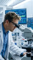 Male scientist examining samples through microscope in modern laboratory with digital monitors displaying data analysis and research results.