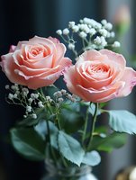 Two soft pink roses with white baby's breath flowers in elegant floral arrangement for romantic occasions, weddings, and Valentine's Day celebrations.