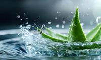 Fresh aloe vera leaf splashing in clear water with droplets creating dynamic motion, natural skincare concept on dark background with copy space.