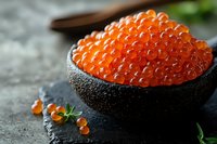 Fresh red caviar in black stone bowl on dark background, selective focus on glossy salmon roe pearls with water drops, garnished with herbs.