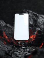 Modern smartphone with blank white screen floating above dramatic volcanic landscape with glowing red lava flows and dark rocky terrain in moody lighting.