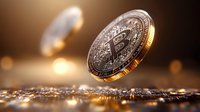 Shiny cryptocurrency coins floating above glittering surface with warm golden bokeh background, dramatic lighting creates depth and luxury atmosphere in macro photography.