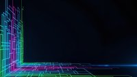 Futuristic neon circuit board corner with glowing electric lines on dark background for technology presentations and digital design projects.