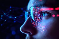 Futuristic female profile with glowing neural network pattern projected on face in neon blue and red lights against dark background with digital connections.