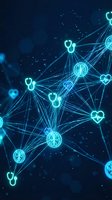 Glowing neon medical icons connected by digital network lines on dark blue background, representing healthcare technology, telemedicine, and interconnected health systems.