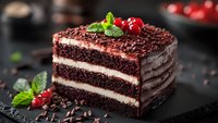 Chocolate layer cake slice with cream filling, decorated with chocolate shavings, fresh red currants and mint leaves on dark background. Perfect for menu design.