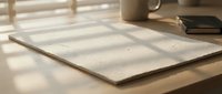 Blank white paper sheet on wooden desk with warm sunlight streaming through window blinds creating shadow patterns for office and business concepts.