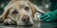 Senior golden retriever dog lying on veterinary examination table during medical checkup with veterinarian hands in green gloves holding stethoscope.