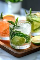 Fresh summer cocktails with lime slices, mint leaves and sparkling soda on wooden board. Refreshing drinks with ice cubes in glasses, close up view.