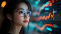 Young Asian businesswoman in glasses looking at financial market data charts with neon stock trading graphs reflected on face in dark office environment.