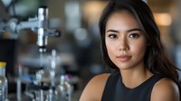 Young Asian woman in black sleeveless top at fitness center looking confidently at camera. Blurred gym equipment background creates professional atmosphere.