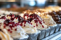 Freshly baked mini pies topped with swirled whipped cream and drizzled with sweet berry sauce, displayed in aluminum tins on bakery shelf, close-up view.