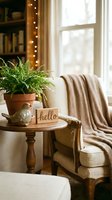Cozy farmhouse living room corner with vintage armchair, knit throw, fern plant, bird figurine, and hello sign by a sunny window.