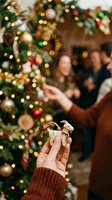 Hand holding festive ornament with family celebrating near decorated tree with lights and baubles, capturing holiday season joy and togetherness during winter celebrations.
