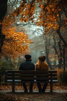 Young couple sitting on park bench under autumn trees with golden orange foliage creating romantic atmosphere for seasonal lifestyle content.