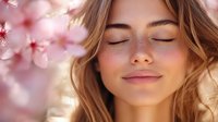 Young caucasian woman with freckles and natural makeup smiling peacefully with closed eyes against blooming pink cherry blossoms in soft spring sunlight.