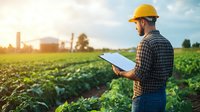Young male farmer in yellow hardhat checking crop documentation while standing in green vegetable field during sunset, agricultural business concept.