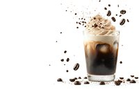 Iced coffee drink with whipped cream and coffee beans scattered around on white background, cold refreshing beverage with dark espresso and milk foam.