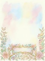 Soft watercolor floral frame with pastel roses, green leaves, and gold ornate label, perfect for wedding invitations and greeting cards.