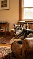 German shepherd mix dog relaxing on leather armchair in cozy living room with warm sunlight streaming through window and bookshelves in background.