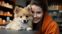 Young Caucasian woman in orange coat smiling while hugging adorable Pomeranian puppy with blue eyes. Close up portrait in warm tones with blurred background.