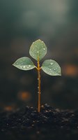 Young green plant seedling with water drops on leaves growing from dark soil in soft morning light, symbolizing growth, new beginnings and hope.