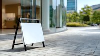 Blank white A-frame sidewalk sign mockup outside modern glass building entrance. Empty street advertising board on urban pavement for business promotion.