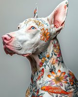 White dog with pink nose and ears, head tilted upward, covered in colorful floral and koi fish tattoo designs including orange flowers, butterflies, and red fish patterns on body and limbs against neutral background.