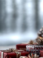 Red and silver wrapped holiday presents with metallic bows and pine cones arranged against blurred winter forest background creating festive seasonal atmosphere.