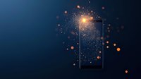 Glowing smartphone screen emitting magical light particles and orange bokeh effects against dark blue background, digital transformation concept.