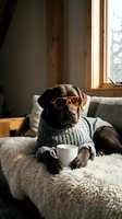 Funny dog wearing glasses and sweater holding coffee cup on cozy sofa by window for humorous pet lifestyle and relaxation concepts.