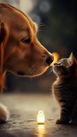 Golden Retriever and tabby kitten touching noses in tender moment with glowing lantern creating warm atmospheric lighting and bokeh effect in background.