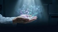 Business professional hands holding glowing digital network connections with floating data particles for technology and innovation concepts.